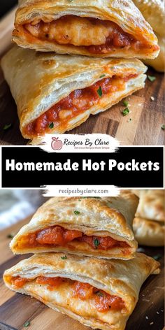 homemade hot pockets with meat and cheese in them on a cutting board next to the recipe title