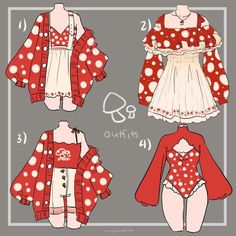 three different types of clothes with polka dots on them, one in red and the other in white