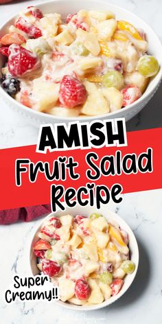 This Creamy Amish Fruit Salad is an easy to make and refreshing dessert. This fruit salad has a delicious mix of fruits which are coated in a sweet, and tangy creamy dressing, and mixed with peach pie filling. SO good! Old Fashioned Fruit Salad, Hawaiian Fruit Salad, Summer Desserts Easy Healthy, Holiday Dessert Table, Cabbage Casserole Recipes, Chicken Salad With Grapes, Dessert Cups Recipes, Best Fruit Salad, Banana Split Dessert