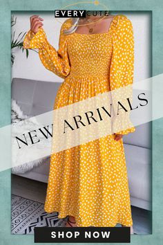 Elegant Print Flounce Fold Square Collar Dresses Fall A-line Maxi Dress For Brunch, Fall Brunch A-line Maxi Dress, Non-stretch Long Sleeve Spring Midi Dress, Non-stretch Long Sleeve Midi Dress For Spring, Yellow Non-stretch Long Sleeve Dress, Non-stretch Fall Dresses For Brunch, Non-stretch Fall Brunch Dresses, Yellow Non-stretch Casual Maxi Dress, Casual Yellow Non-stretch Maxi Dress