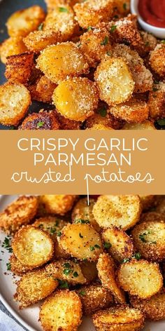 crispy garlic parmesan crusted potatoes on a plate