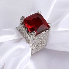 Gorgeous White Gold Filled Ring Huge 8ct Ruby Gemstone Rhinestone Ring Open Ring With Rhinestones As Gift, Rhinestone Open Ring As Gift, Gift Open Ring With Rhinestones, Glamorous Crystal Ring For Gifts, Party Rings With Jewels, Glamorous Open Ring Jewelry For Formal Occasions, Dazzling Crystal Ring With Sparkling Stones For Party, Glamorous Cubic Zirconia Crystal Ring For Party, Party Rings With Sparkling Stones And Open Design