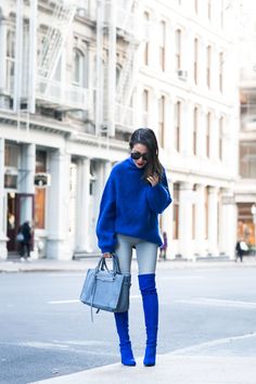 Blue Knee High Boots Outfit, Sapphire Blue Outfit, Blue Boots Outfit, Blue Thigh High Boots, Over The Knee Boot Outfit, Wendy's Lookbook, Bota Over, Knee Boots Outfit, High Boots Outfit