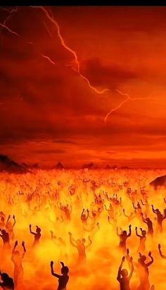 many people are dancing in the middle of an orange and red sky with lightning behind them