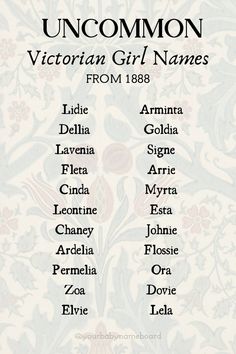 19th Century Names, Victorian Names Girl, Victorian Era Names, Victorian Girl Names, Rare Beautiful Names, Mythical Names, Victorian Names, Oc Names, Rare Names