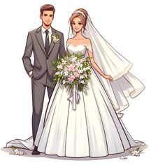 the bride and groom are standing next to each other in their wedding gowns,