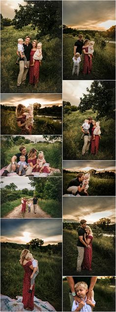 a collage of photos showing people hugging each other in the grass with trees in the background