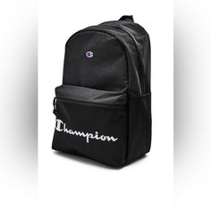 New Champion Manuscript Backpack One Size Black Black Bag With Logo For Back To School, Black Bags With Logo For Back To School, Back To School Black Bag With Logo, Casual Black Backpack With Letter Print, Casual Black Bags With Logo Print, Black Letter Print Bag For Back To School, Black Bags With Letter Print For Back To School, Back To School Backpack With Logo, School Backpack With Logo For Back To School