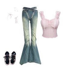 a pair of jeans, top and shoes are shown