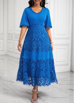 Color:Blue;Size:M;Package Contents:1 X Dress;Occasion:Casual;Style:Casual; A Line V Neck Dress, Lace Casual Dress, Half Sleeve Dress, Summer Items, Performance Outfits, Short African Dresses, Amazing Dresses, Flowy Design, Dress Occasion