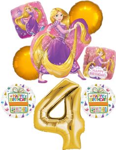 the number four balloon with princesses on it and balloons in the shape of numbers