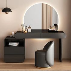 a modern vanity with mirror and stool in a room