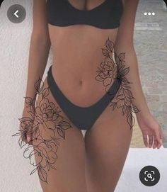 Flower Torso Tattoo, Huge Hip Tattoo, Classy Thigh Tattoos For Women, Flower Tattoos On Hip, Flower Thigh Tattoos Women, Leg Tattoo Idea, Flower Hip Tattoo, Side Body Tattoos, Feminine Thigh Tattoos