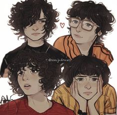 three young men with curly hair and glasses are looking at the same person's face