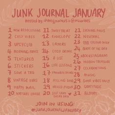 a pink poster with the words junk journal written in red and white lettering on it