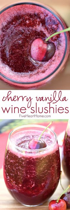 cherry vanilla wine slushies in a glass with cherries