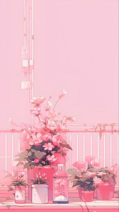 some pink flowers are sitting on a shelf next to two containers with plants in them