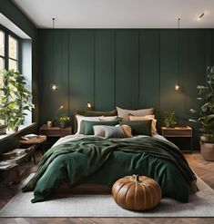 A green bedroom theme design. Boho Emerald Green Bedroom, Emerald Green Burnt Orange Bedroom, Green White Bedroom Aesthetic, Emerald Green Wall Bedroom, Emerald Green Bedroom Decor Inspiration, Moody Emerald Green Bedroom, Forest Green And Gold Bedroom, Emerald Green Master Bedrooms Decor, Black Green Gold Bedroom