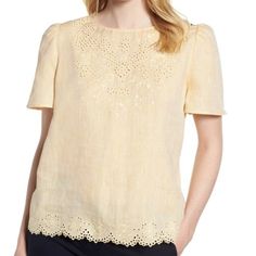 * Nwt $249 Nordstrom Signature Embroidered Eyelet Linen Top Blouse Yellow Size S * New With Tag * 100% Linen * Msrp $249 * Size S- Approximately 20.5" Across At The Underarms, And 22.5" Long ** Please Check My Other Topshop Listings** Flower Print Blouse, Tie Waist Top, Nordstrom Women, Blue Floral Top, Draped Blouse, Blue Floral Blouse, Eyelet Top, Small Pin, Canary Yellow