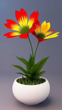 two red and yellow flowers in a white bowl