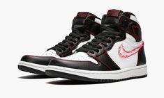 The Air Jordan 1 High “Defiant” is a unique colorway of the iconic model featuring “unstitched” Swooshes on the lateral sides.  The eye-catching construction features a black and white leather upper with red contrast stitching throughout, including for the deconstructed stitching that makes the shape of the Swoosh, intended to appear as if the leather Swoosh was cut off.  Intact yellow leather Swooshes are found on each medial side.  A black leather tongue and Air Jordan “wings” logo patches com Wings Logo, Air Jordan 1 Retro High Og, Air Jordan 1 Retro High, Yellow Shoes, Stadium Goods, Air Jordan 1 High, Jordan 1 High, Yellow Leather, Air Jordan 1 Retro