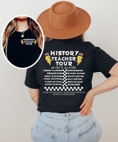 Kick off the school year with our fun and patriotic History Teacher Tour Shirt. Designed for history buffs and passionate educators, this tee makes an excellent gift for back to school or any special occasion. Product Description: ⇝ Bella and Canvas Brand Shirts ⇝ Unisex Adult Sizing ⇝ Rolled Sleeves in pictures are for styling purposes only ⇝ Props used in photos for are NOT included with purchase ⇝ Please consult the listing image for information regarding the sizes available for the T-shirt. History Teacher Gifts, Funny History, Gifts For History Buffs, History Teacher, History Humor, School Tees, History Teachers, Brand Shirts, Rolled Sleeves