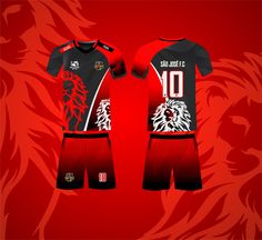 a soccer uniform designed to look like a lion with red and black colors on it