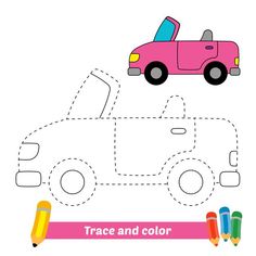 a pink car is driving on the road with crayons