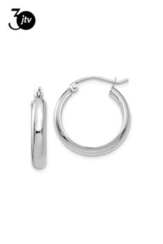 Rhodium over 14K white gold hoop earrings. Measure approximately 13/16"L x 1/8"W and have saddleback backings. Nickel Free Huggie Fine Jewelry, Nickel-free Huggie Fine Jewelry, Fine Jewelry Small Hoop Hypoallergenic, Everyday Small Hoop White Gold Jewelry, Everyday Small Hoop Earrings In White Gold, Tarnish-resistant Rounded Jewelry For Anniversary, Classic Nickel-free Huggie Earrings For Anniversary, Classic Nickel-free Huggie Earrings, Classic Small Hoop Hinged Earrings