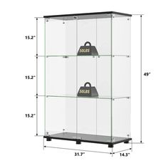 three glass shelves with the measurements for each shelf in front of them, and an image of