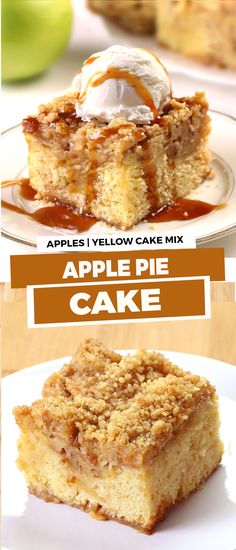 apple pie cake with ice cream and caramel sauce on top is shown in three different photos