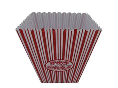 a red and white striped popcorn bag on a white background