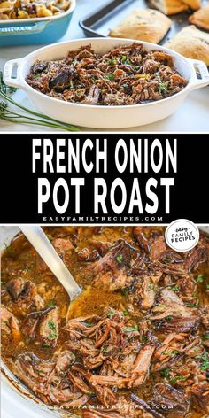 french onion pot roast in a white casserole dish on a table with bread