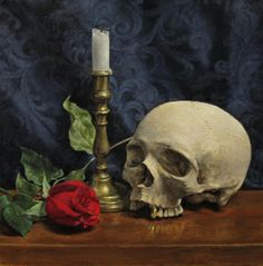 a painting of a human skull and a candle on a table with a red rose