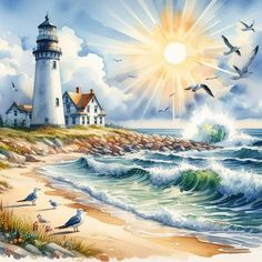 a painting of a lighthouse and seagulls flying over the ocean