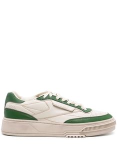 light beige/dark green lambskin smooth grain logo-embossed tongue logo patch to the side contrasting branded heel counter front lace-up fastening round toe branded leather insole flat rubber sole Casual Green Sneakers With Embossed Logo, Green Leather Sneakers With Embossed Logo, Classic Green Sneakers With Textured Sole, Balenciaga Track, Reebok Club C, Office Bag, Club C, Balenciaga Triple S, Summer Beach Wear