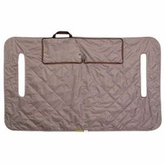 a purple and white checkered garment bag with brown trim on the front, zippered closure