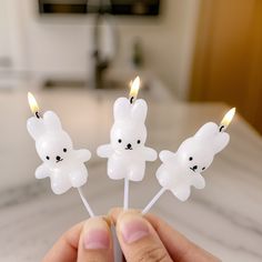 someone is holding three candles in the shape of teddy bears