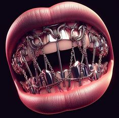 a woman's mouth with metal chains attached to the lip and tongue, all over her body