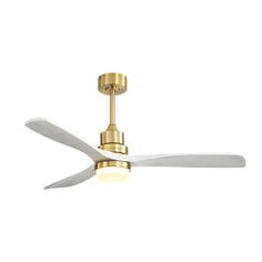 a ceiling fan with two white blades and a light on the top one is gold