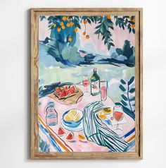 a painting hanging on the wall next to a table with food and drinks in it