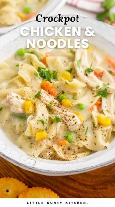 crockpot chicken noodle soup in a white bowl