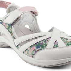 Adjustable Hook-And-Loop Straps Provide A Custom Fit For This Pretty But Hardy Hiking Sandal With Feminine Floral Panels. 1" Heel Cushioned Insole With Arch Support Leather Upper/Textile Lining/Rubber Sole White Sport Sandals With Arch Support, White Sandals With Arch Support For Spring, Comfortable Closed Toe Sport Sandals For Spring, Summer Slip-on Sport Sandals For Walking, Spring Season Sport Sandals With Ortholite Insole, Adjustable White Sport Sandals For Spring, White Adjustable Sport Sandals For Spring, Synthetic Sandals For Walking In Summer, Spring Flat Sport Sandals With Arch Support