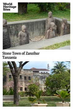 two different views of stone statues in front of an old building with trees and bushes