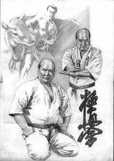 an ink drawing of two men in martial stance