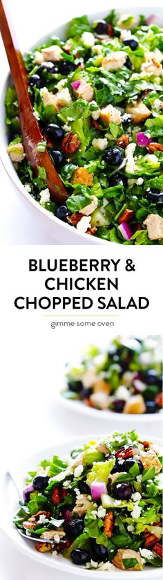 two plates with different types of food on them and the words blueberry & chicken chopped salad