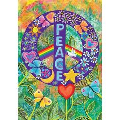 a peace sign surrounded by flowers and butterflies on a rainbow colored background with the word peace