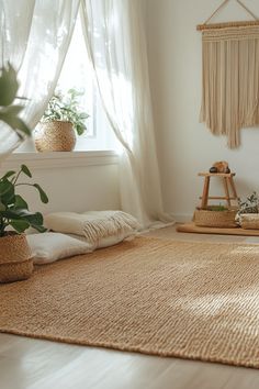 a living room with a rug, potted plants and other items on the floor