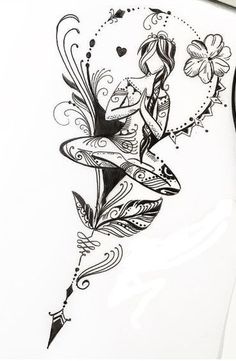 a black and white drawing of a girl with flowers