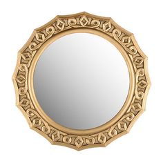 a round mirror with an intricate design on the top and bottom edge, in gold